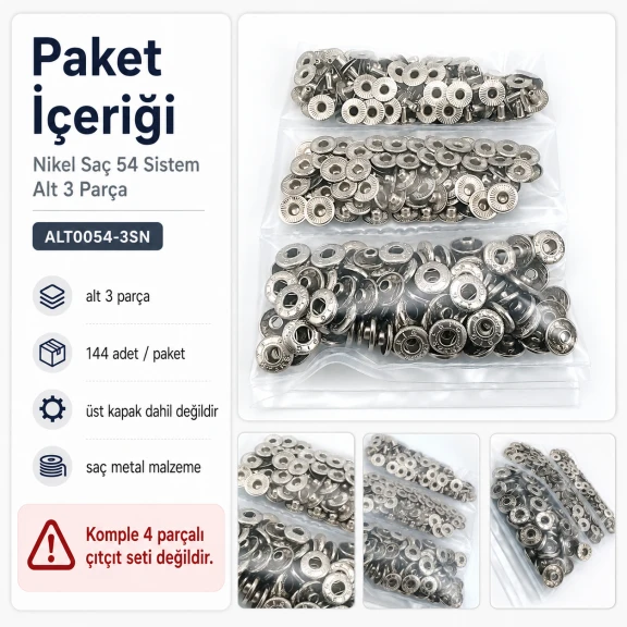 Nikel Renk Saç 54 Sistem Alt 3 Parça 144 Adet/Paket ALT0054-3SN, black nikel metal malzeme ile üretilmiş, 54 sistem çıtçıt