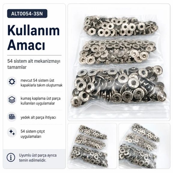 Nikel Renk Saç 54 Sistem Alt 3 Parça 144 Adet/Paket ALT0054-3SN, black nikel metal malzeme ile üretilmiş, 54 sistem çıtçıt