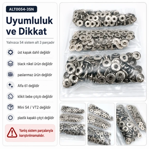 Nikel Renk Saç 54 Sistem Alt 3 Parça 144 Adet/Paket ALT0054-3SN, black nikel metal malzeme ile üretilmiş, 54 sistem çıtçıt