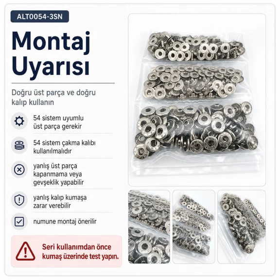 Nikel Renk Saç 54 Sistem Alt 3 Parça 144 Adet/Paket ALT0054-3SN, black nikel metal malzeme ile üretilmiş, 54 sistem çıtçıt