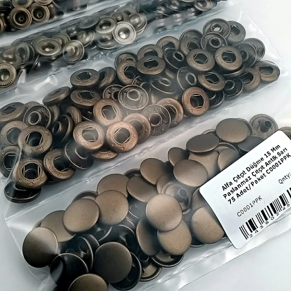 Alfa Çıtçıt Düğme 15 mm Antik Sarı Paslanmaz Çelik Çıtçıt Düğme 75 Adet/Paket C0001PPKANT