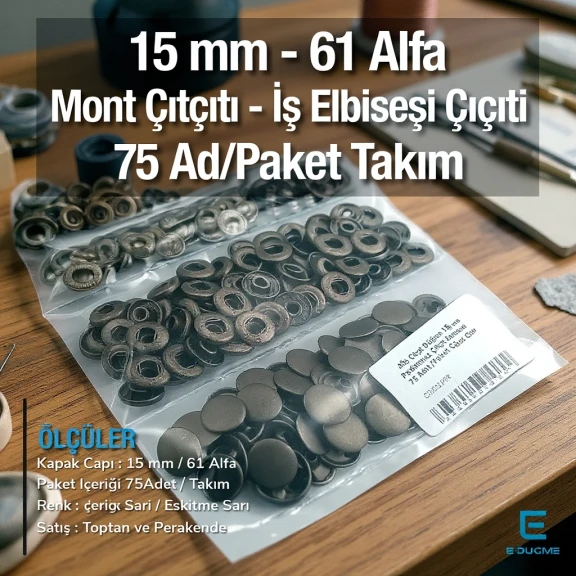Alfa Çıtçıt Düğme 15 mm Antik Sarı Paslanmaz Çelik Çıtçıt Düğme 75 Adet/Paket C0001PPKANT