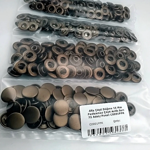 Alfa Çıtçıt Düğme 15 mm Antik Sarı Paslanmaz Çelik Çıtçıt Düğme 75 Adet/Paket C0001PPKANT