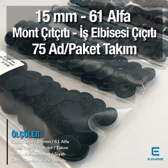 Alfa Çıtçıt Düğme 15 mm Siyah Paslanmaz Çelik Çıtçıt Düğme 75 Adet/Paket C0001PPKBLK