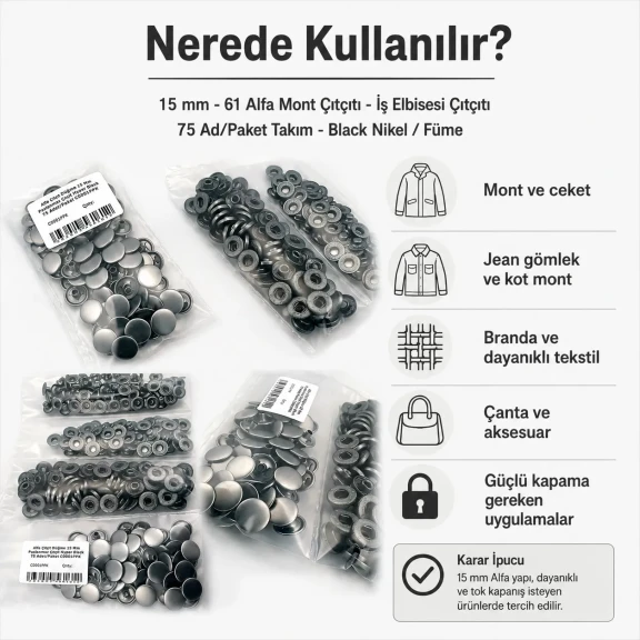 15 mm Alfa Paslanmaz Füme Çıtçıt Düğme, sağlam kapama ve modern tasarım için ideal