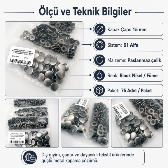 15 mm Alfa Paslanmaz Füme Çıtçıt Düğme, sağlam kapama ve modern tasarım için ideal
