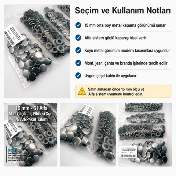 15 mm Alfa Paslanmaz Füme Çıtçıt Düğme, sağlam kapama ve modern tasarım için ideal