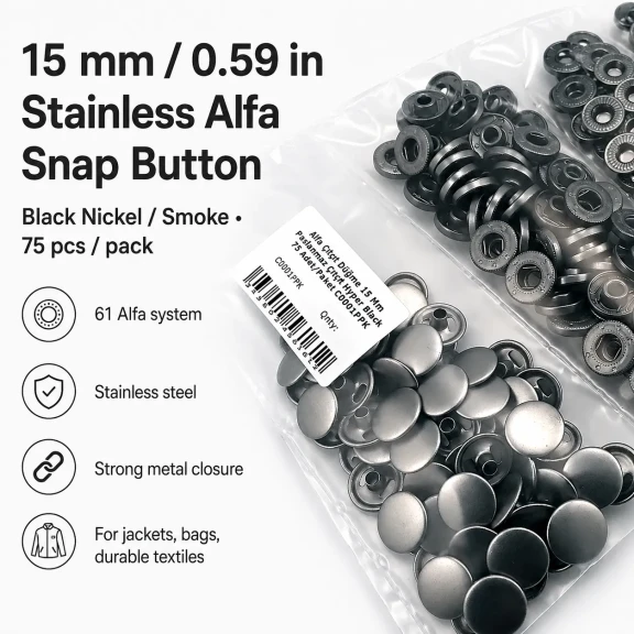 15 mm Alfa Paslanmaz Füme Çıtçıt Düğme, sağlam kapama ve modern tasarım için ideal