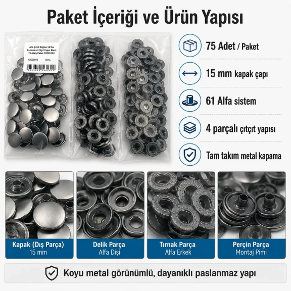 15 mm Alfa Paslanmaz Füme Çıtçıt Düğme, sağlam kapama ve modern tasarım için ideal