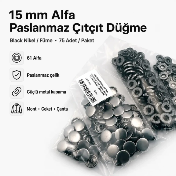 15 mm Alfa Paslanmaz Füme Çıtçıt Düğme, sağlam kapama ve modern tasarım için ideal