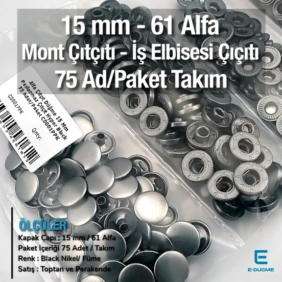 Alfa Çıtçıt Düğme 15 mm Black Nikel - Füme Paslanmaz Çelik Çıtçıt Düğme 75 Adet/Paket C0001PPKBNLK