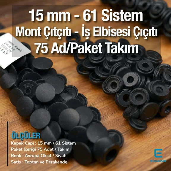 15 mm Paslanmaz Çıtçıt Siyah 100 Adet/Paket 61 Çıtçıt Düğme C0004P15PKBLK