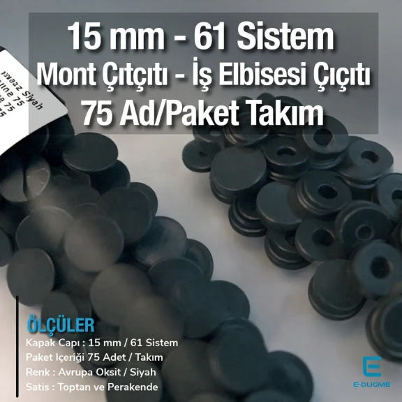 15 mm Paslanmaz Çıtçıt Siyah 100 Adet/Paket 61 Çıtçıt Düğme C0004P15PKBLK