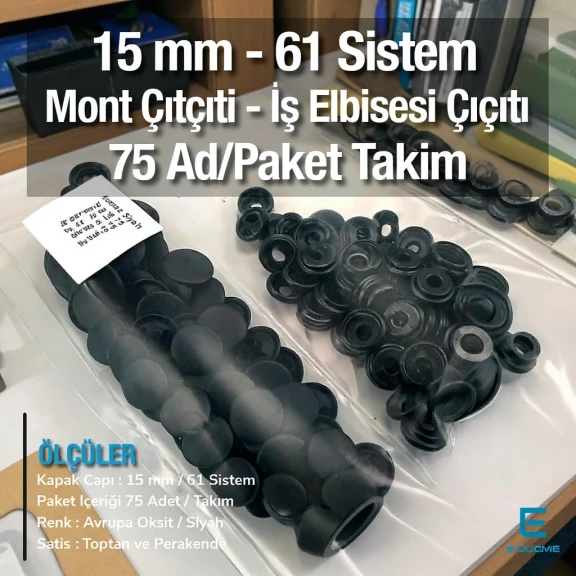 15 mm Paslanmaz Çıtçıt Siyah 100 Adet/Paket 61 Çıtçıt Düğme C0004P15PKBLK