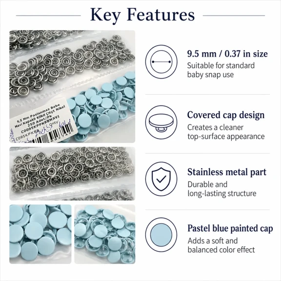 Pastel Blue Painted Stainless Capped Baby Snap Fastener 9.5 mm / 0.37 in, 250 Sets/Pack