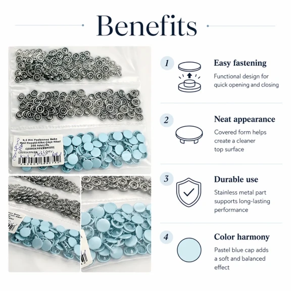Pastel Blue Painted Stainless Capped Baby Snap Fastener 9.5 mm / 0.37 in, 250 Sets/Pack