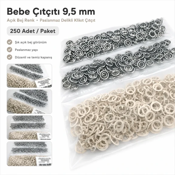 Bebe çıtçıtı 9,5 mm açık bej renk paslanmaz delikli klikıt çıtçıt, 250 adet/paket