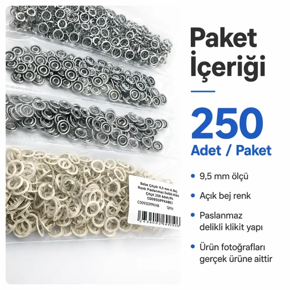 Bebe çıtçıtı 9,5 mm açık bej renk paslanmaz delikli klikıt çıtçıt, 250 adet/paket