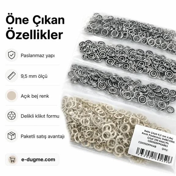 Bebe çıtçıtı 9,5 mm açık bej renk paslanmaz delikli klikıt çıtçıt, 250 adet/paket