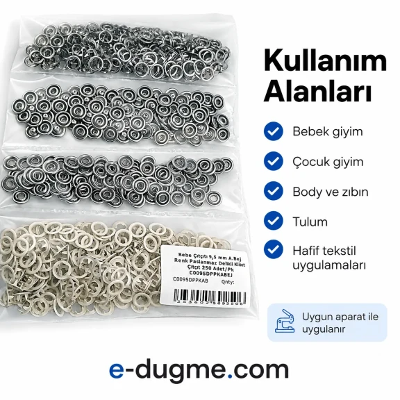 Bebe çıtçıtı 9,5 mm açık bej renk paslanmaz delikli klikıt çıtçıt, 250 adet/paket