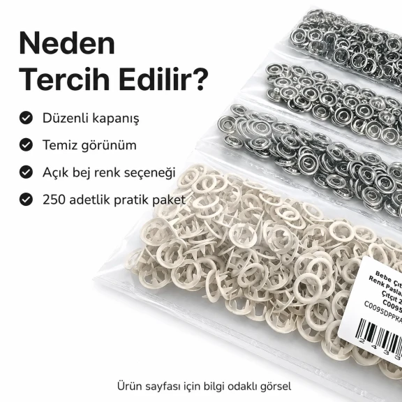 Bebe çıtçıtı 9,5 mm açık bej renk paslanmaz delikli klikıt çıtçıt, 250 adet/paket