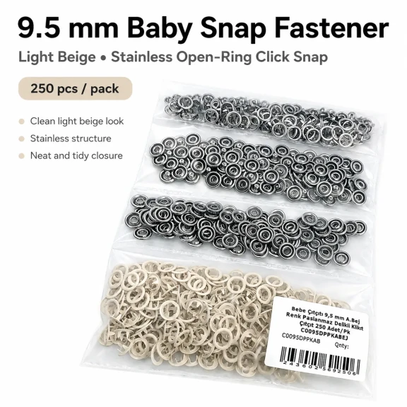 Bebe çıtçıtı 9,5 mm açık bej renk paslanmaz delikli klikıt çıtçıt, 250 adet/paket