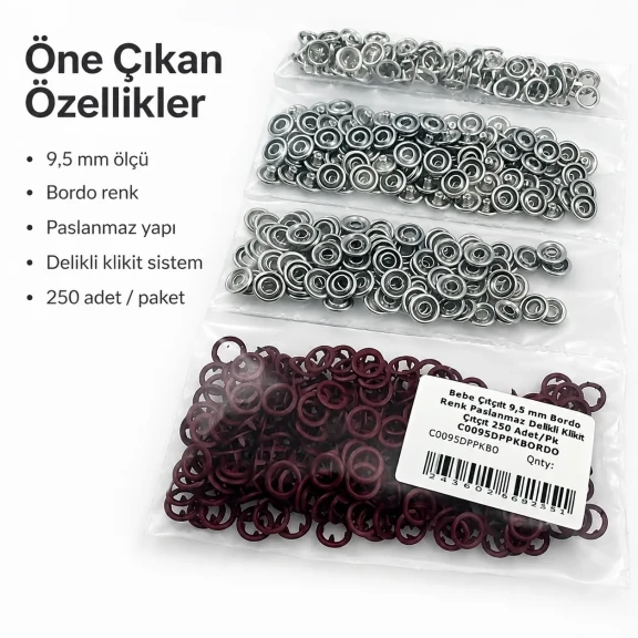 Bebe çıtçıtı 9,5 mm bordo renk paslanmaz delikli klikıt çıtçıt, 250 adet paket içeriği ile bebek giysileri ve aksesuarlar