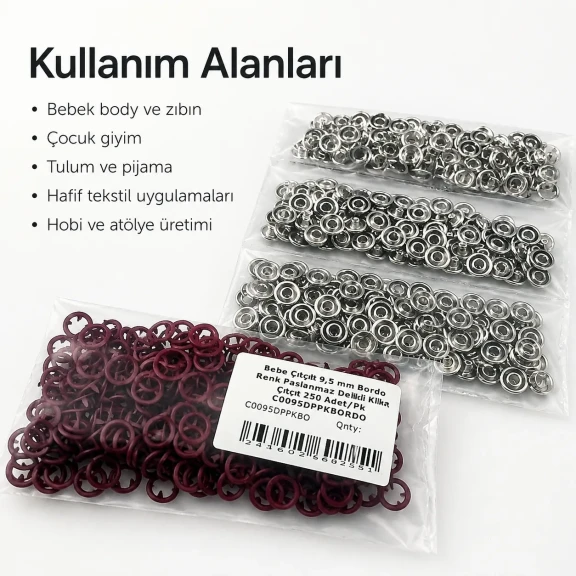 Bebe çıtçıtı 9,5 mm bordo renk paslanmaz delikli klikıt çıtçıt, 250 adet paket içeriği ile bebek giysileri ve aksesuarlar