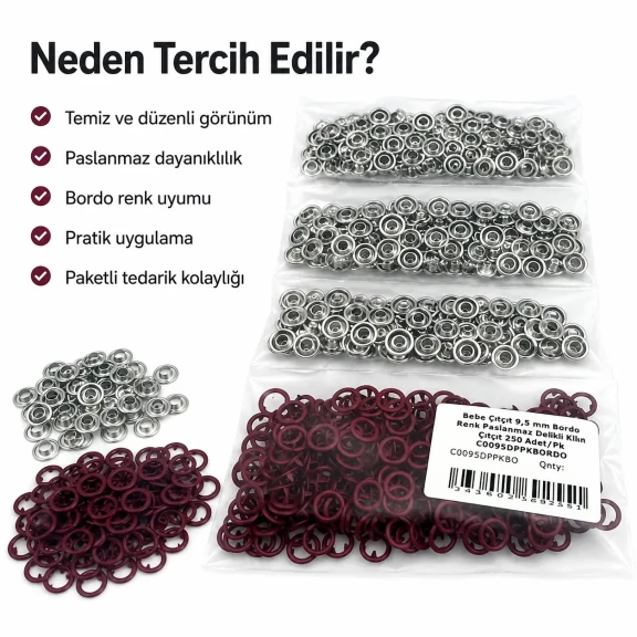 Bebe çıtçıtı 9,5 mm bordo renk paslanmaz delikli klikıt çıtçıt, 250 adet paket içeriği ile bebek giysileri ve aksesuarlar
