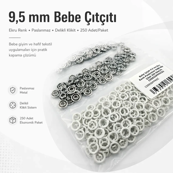 Bebe Çıtçıtı 9,5 mm Ekru Renk Paslanmaz Delikli Klikıt Çıtçıt 250 Adet/Pk C0095DPPKECRU