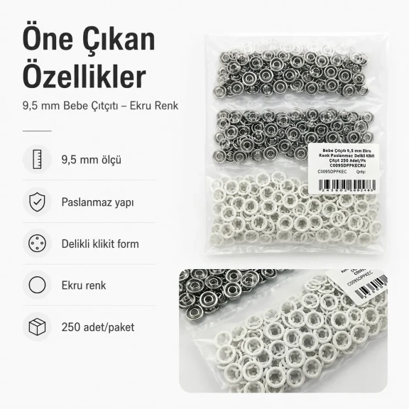 Bebe Çıtçıtı 9,5 mm Ekru Renk Paslanmaz Delikli Klikıt Çıtçıt, 250 Adet/Paket