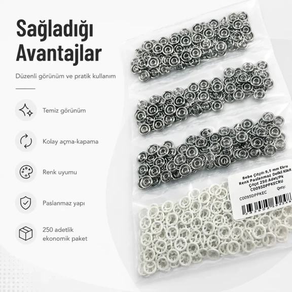 Bebe Çıtçıtı 9,5 mm Ekru Renk Paslanmaz Delikli Klikıt Çıtçıt, 250 Adet/Paket