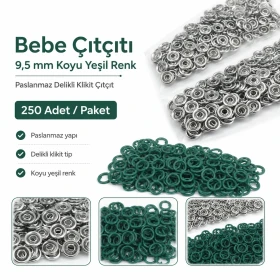 Bebe Çıtçıtı 9,5 mm Koyu Yeşil Renk Paslanmaz Delikli Klikıt Çıtçıt 250 Adet/Pk C0095DPPKKYSL