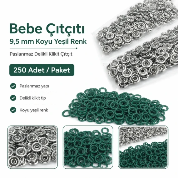 Bebe Çıtçıtı 9,5 mm Koyu Yeşil Renk Paslanmaz Delikli Klikıt Çıtçıt 250 Adet/Pk C0095DPPKKYSL