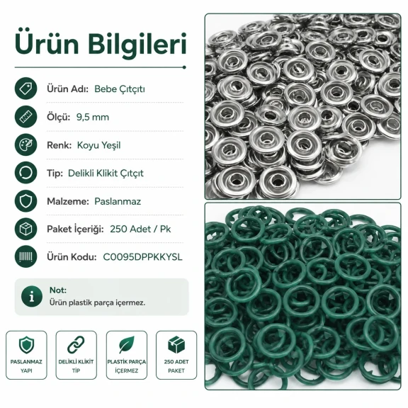 Bebe Çıtçıtı 9,5 mm Koyu Yeşil Renk Paslanmaz Delikli Klikıt Çıtçıt 250 Adet/Pk - Tekstil ve Aksesuar Kullanımı için Uygun