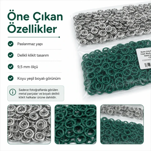 Bebe Çıtçıtı 9,5 mm Koyu Yeşil Renk Paslanmaz Delikli Klikıt Çıtçıt 250 Adet/Pk - Tekstil ve Aksesuar Kullanımı için Uygun