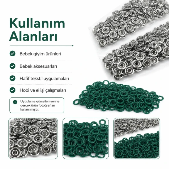 Bebe Çıtçıtı 9,5 mm Koyu Yeşil Renk Paslanmaz Delikli Klikıt Çıtçıt 250 Adet/Pk - Tekstil ve Aksesuar Kullanımı için Uygun