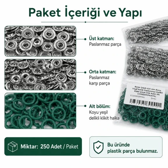 Bebe Çıtçıtı 9,5 mm Koyu Yeşil Renk Paslanmaz Delikli Klikıt Çıtçıt 250 Adet/Pk - Tekstil ve Aksesuar Kullanımı için Uygun
