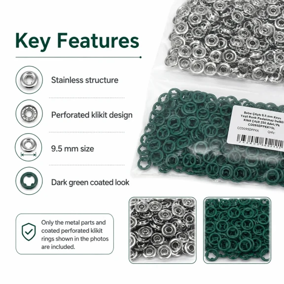 Bebe Çıtçıtı 9,5 mm Koyu Yeşil Renk Paslanmaz Delikli Klikıt Çıtçıt 250 Adet/Pk - Tekstil ve Aksesuar Kullanımı için Uygun