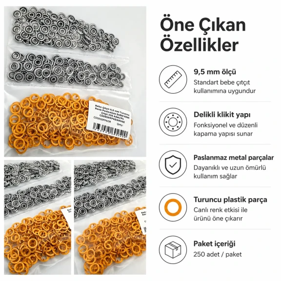 Bebe Çıtçıtı 9,5 mm Turuncu Renk Paslanmaz Delikli Klikıt Çıtçıt 250 Adet/Pk