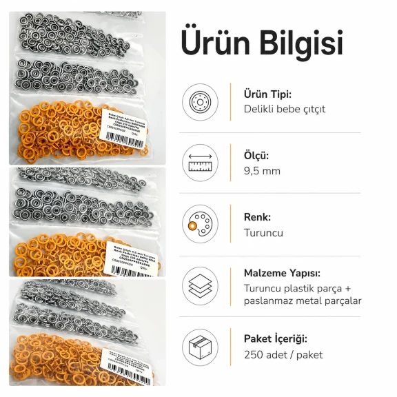 Bebe Çıtçıtı 9,5 mm Turuncu Renk Paslanmaz Delikli Klikıt Çıtçıt 250 Adet/Pk