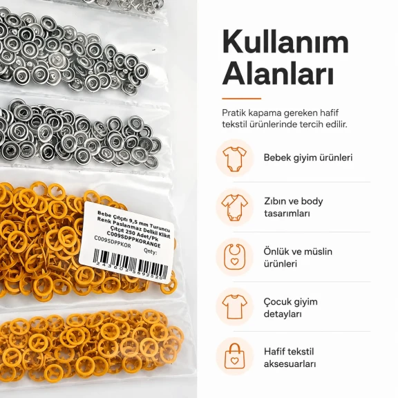 Bebe Çıtçıtı 9,5 mm Turuncu Renk Paslanmaz Delikli Klikıt Çıtçıt 250 Adet/Pk