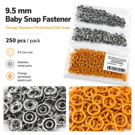 Bebe Çıtçıtı 9,5 mm Turuncu Renk Paslanmaz Delikli Klikıt Çıtçıt 250 Adet/Pk