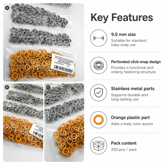 Bebe Çıtçıtı 9,5 mm Turuncu Renk Paslanmaz Delikli Klikıt Çıtçıt 250 Adet/Pk