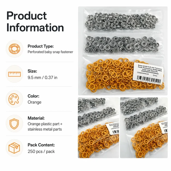Bebe Çıtçıtı 9,5 mm Turuncu Renk Paslanmaz Delikli Klikıt Çıtçıt 250 Adet/Pk