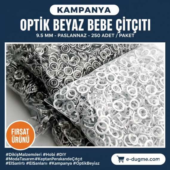 Bebe Çıtçıtı 9,5 mm Optik Beyaz Paslanmaz Delikli Klikıt Çıtçıt 250 Adet/Pk C0095DPPKOwhite