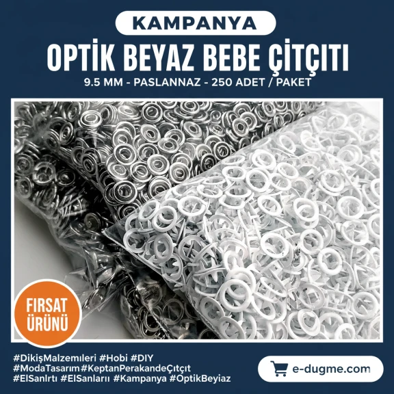 Bebe Çıtçıtı 9,5 mm Optik Beyaz Paslanmaz Delikli Klikıt Çıtçıt 250 Adet/Pk C0095DPPKOwhite