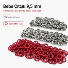 Bebe Çıtçıtı 9,5 mm Kırmızı Renk Paslanmaz Delikli Klikıt Çıtçıt 250 Adet/Pk C0095DPPKRED