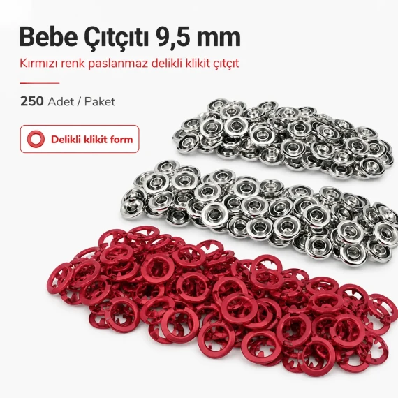 Bebe Çıtçıtı 9,5 mm Kırmızı Renk Paslanmaz Delikli Klikıt Çıtçıt 250 Adet/Pk C0095DPPKRED