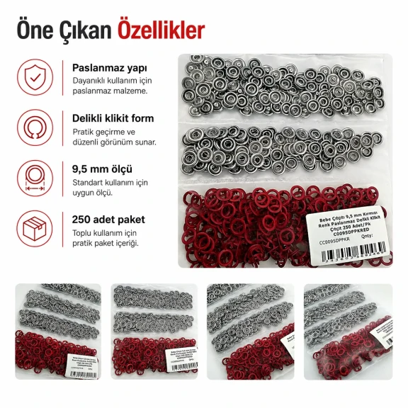 Bebe Çıtçıtı 9,5 mm Kırmızı Renk Paslanmaz Delikli Klikıt Çıtçıt 250 Adet/Pk - Tekstil ve Aksesuar Kullanımı için Uygun